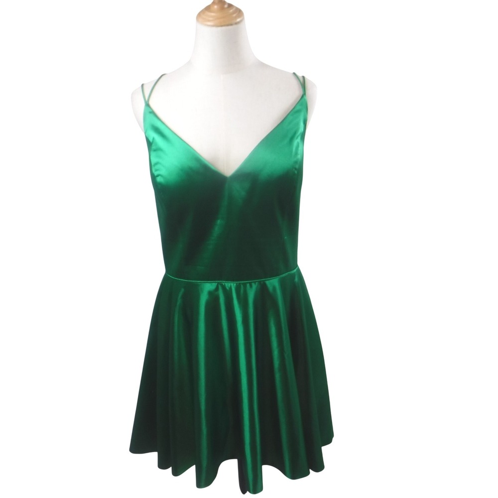 Sherri Hill Dress Women's 18 Green Satin Skater V-Neck Spaghetti Strap Prom